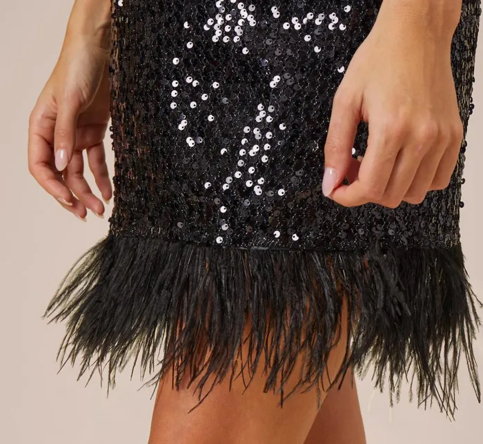 Adrianna Papell Wedding Guest Dresses Sequined Trapeze Halter Dress With Feather Trim In Black 8211 Women