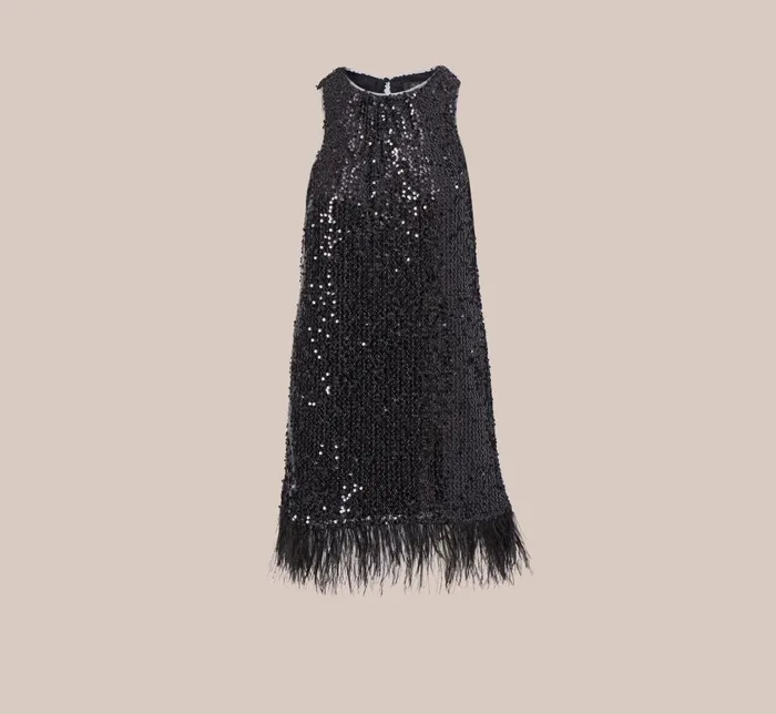 Adrianna Papell Wedding Guest Dresses Sequined Trapeze Halter Dress With Feather Trim In Black 8211 Women