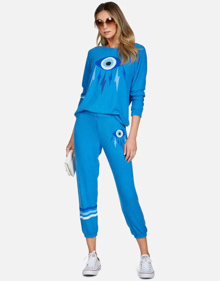 Alana Electric Evil Eye Sky Blue Women039s Lauren Moshi Crop Sweatpants