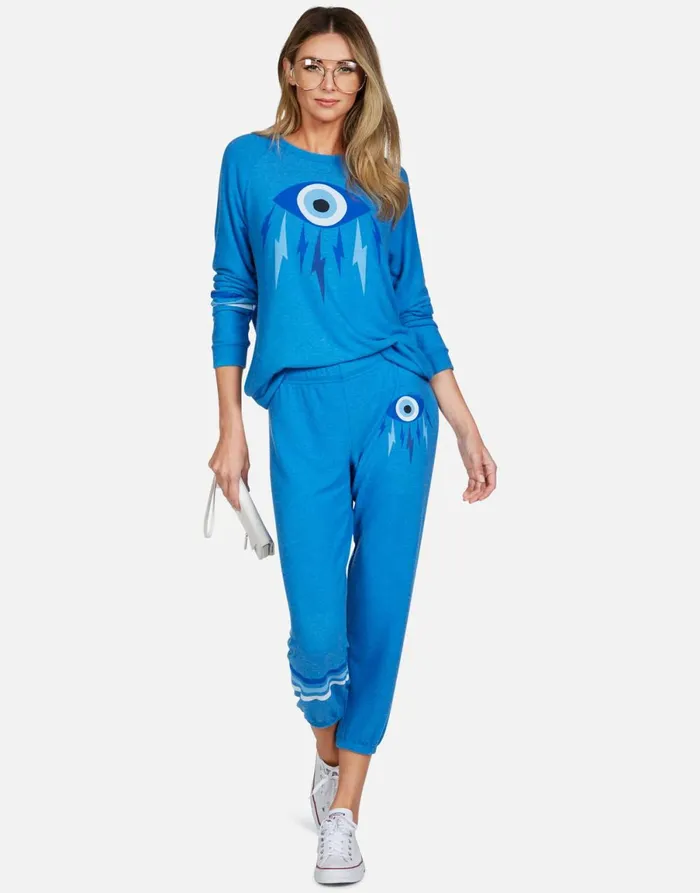 Alana Electric Evil Eye Sky Blue Women039s Lauren Moshi Crop Sweatpants