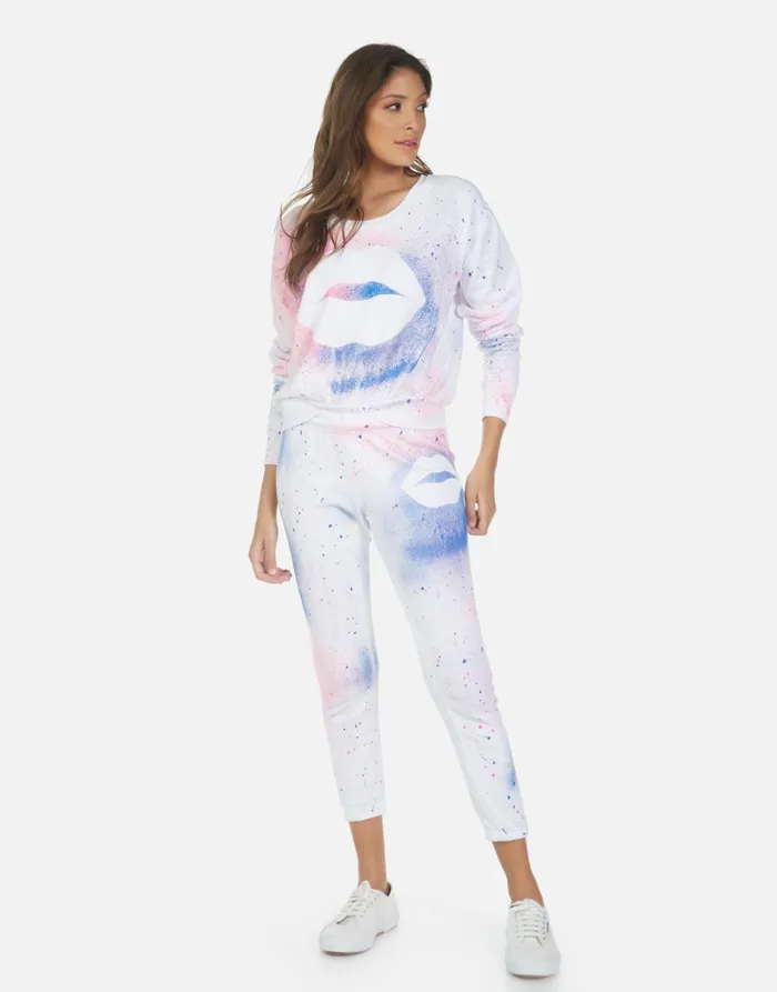 Alana Galaxy Lip White Galaxy Splatter Women039s Lauren Moshi Crop Sweatpants