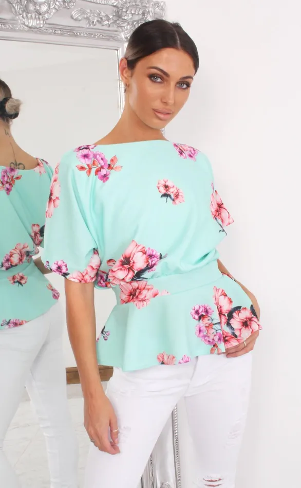 Alyssa Mint Floral Batwing Peplum Top Women Missfiga Tops