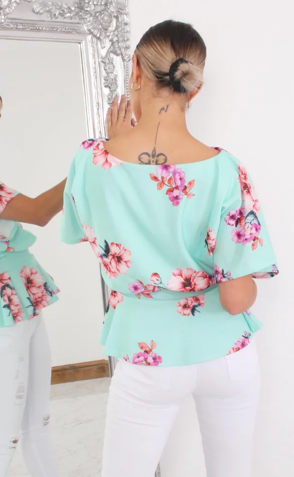 Alyssa Mint Floral Batwing Peplum Top Women Missfiga Tops