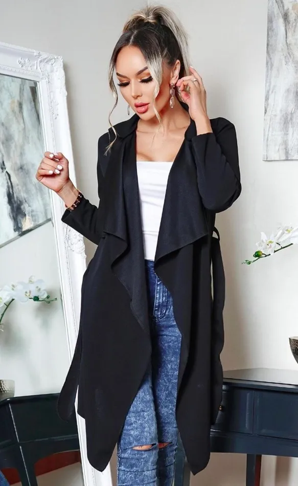 Amy Black Waterfall Belted Jacket Women Missfiga CoatsJackets