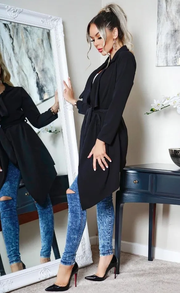 Amy Black Waterfall Belted Jacket Women Missfiga CoatsJackets Amy Black Waterfall Belted Jacket Women Missfiga CoatsJackets