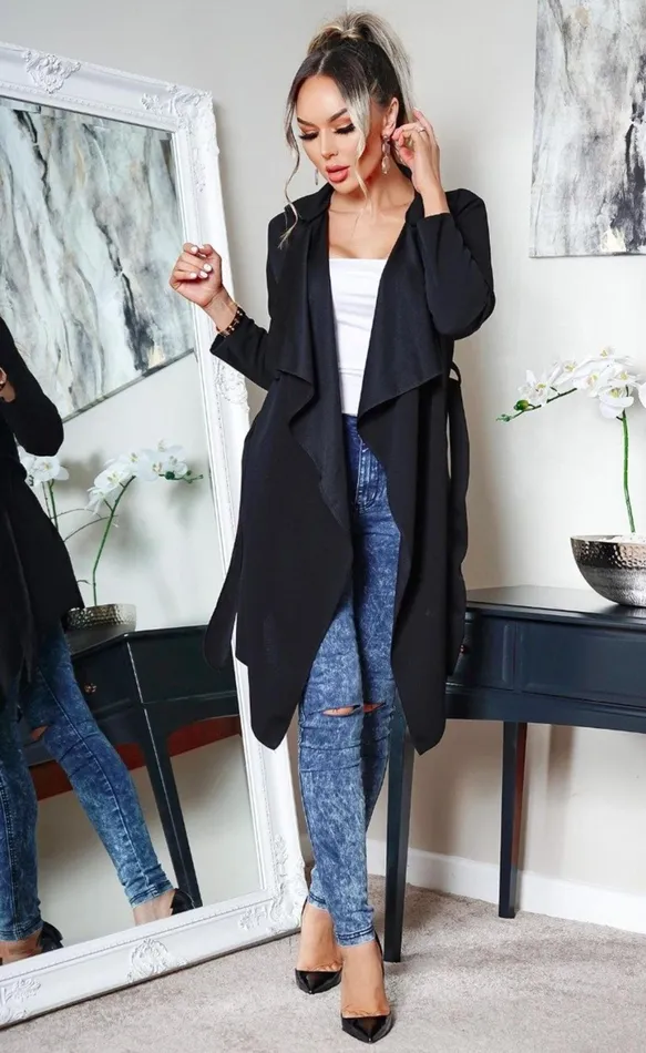 Amy Black Waterfall Belted Jacket Women Missfiga CoatsJackets Amy Black Waterfall Belted Jacket Women Missfiga CoatsJackets