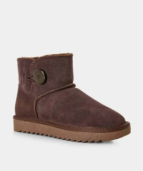 Apparel Cosy Button Trim Suede Boots Dark Brown Shoes Sandals and Boots Joebrowns