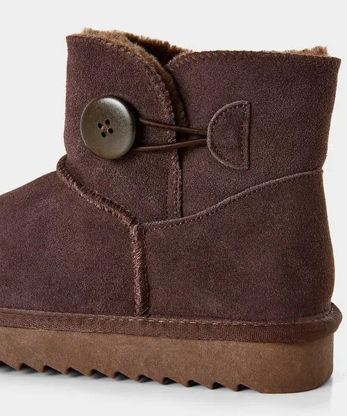 Apparel Cosy Button Trim Suede Boots Dark Brown Shoes Sandals and Boots Joebrowns
