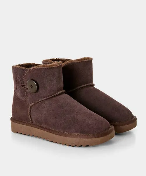 Apparel Cosy Button Trim Suede Boots Dark Brown Shoes Sandals and Boots Joebrowns