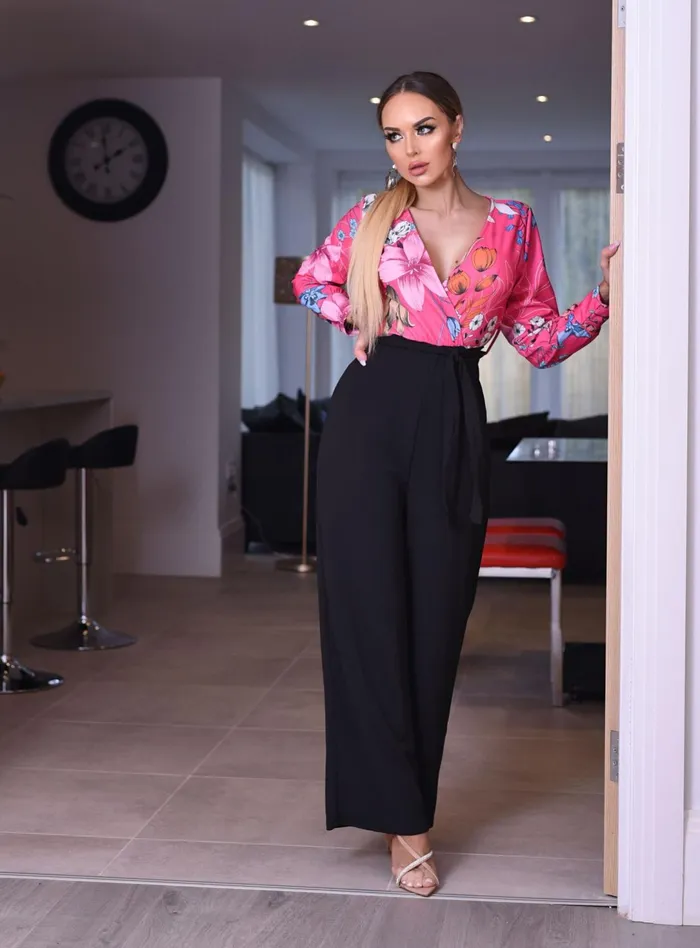 Arial Pink Floral Wrap Flared Leg Jumpsuit Women Missfiga Jumpsuits