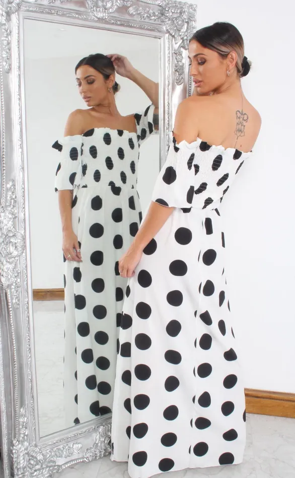 Cameron White Shirred Polka Dot Maxi Dress Women Missfiga Maxi Dresses