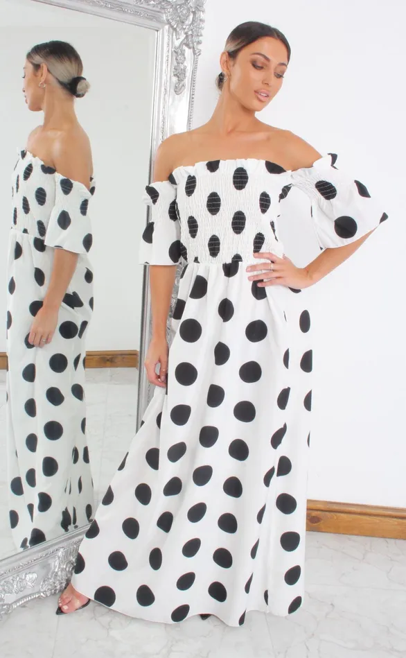 Cameron White Shirred Polka Dot Maxi Dress Women Missfiga Maxi Dresses