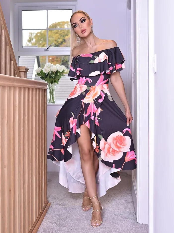 Celine Ombre Floral Off The Shoulder Frill Skater Dress Women Missfiga Maxi Dresses