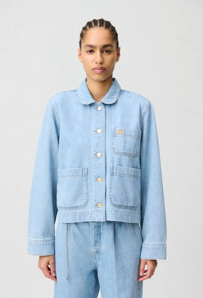 Claudie Pierlot Denim Jacket With Peter Pan Collar Denim Mid Blue Women Jackets Claudie Pierlot Denim Jacket With Peter Pan Collar Denim Mid Blue Women Jackets