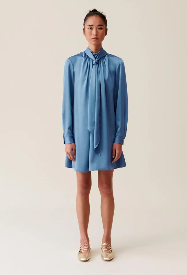 Claudie Pierlot Flowing Dress With Black Bow Collar Storm Women Dresses Claudie Pierlot Flowing Dress With Black Bow Collar Storm Women Dresses