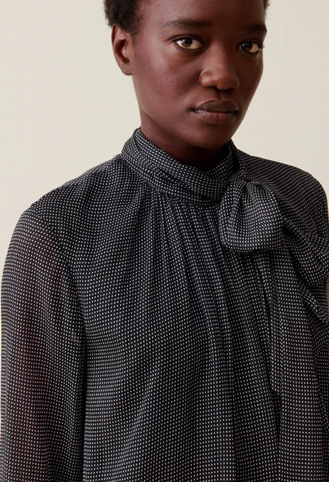 Claudie Pierlot Fluid Check TieNeck Blouse Navy Women Tops And Shirts