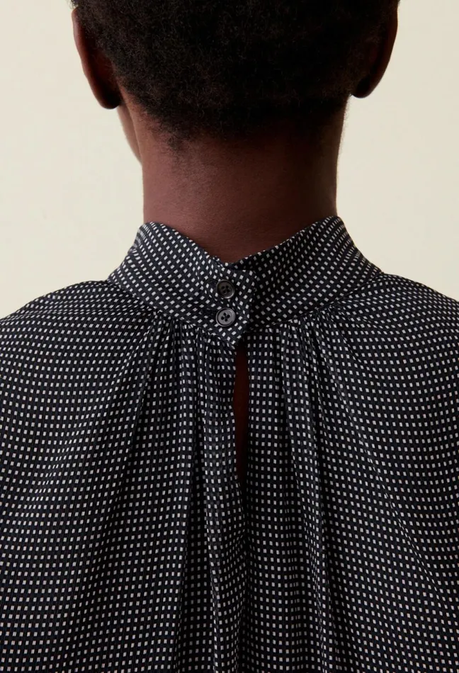 Claudie Pierlot Fluid Check TieNeck Blouse Navy Women Tops And Shirts Claudie Pierlot Fluid Check TieNeck Blouse Navy Women Tops And Shirts