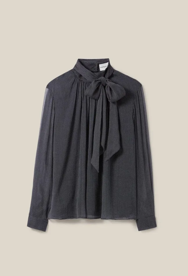 Claudie Pierlot Fluid Check TieNeck Blouse Navy Women Tops And Shirts Claudie Pierlot Fluid Check TieNeck Blouse Navy Women Tops And Shirts