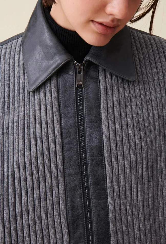 Claudie Pierlot Grey MixedMaterial Leather Bomber Gris Fonce Women Jackets Claudie Pierlot Grey MixedMaterial Leather Bomber Gris Fonce Women Jackets