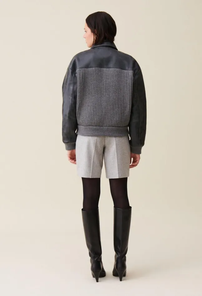 Claudie Pierlot Grey MixedMaterial Leather Bomber Gris Fonce Women Jackets Claudie Pierlot Grey MixedMaterial Leather Bomber Gris Fonce Women Jackets