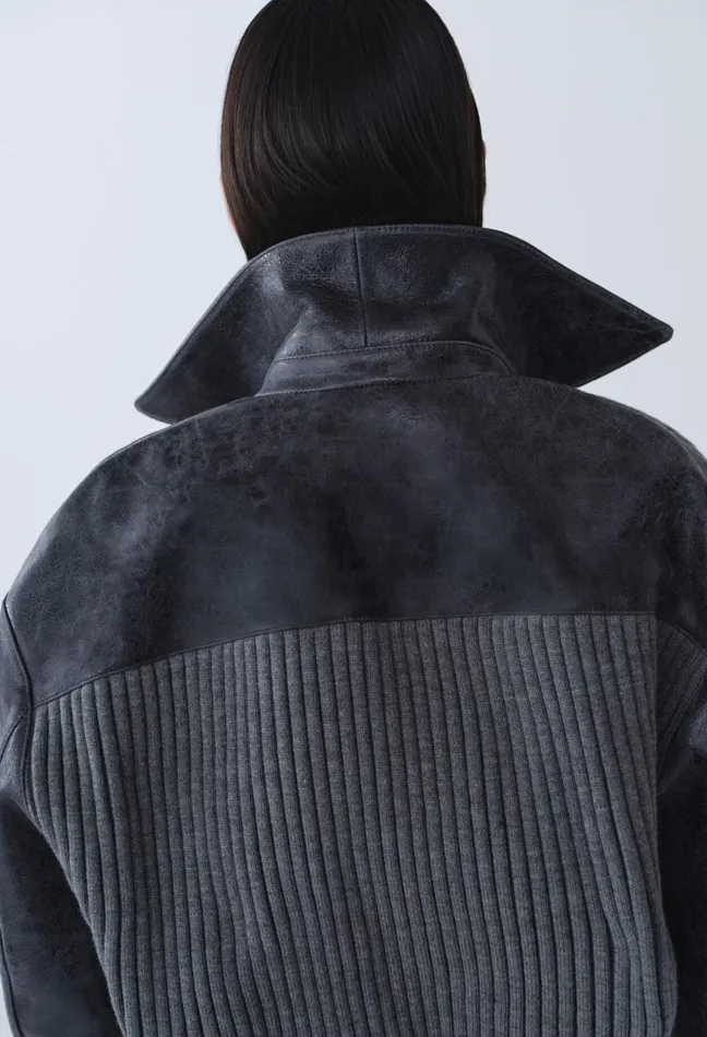 Claudie Pierlot Grey MixedMaterial Leather Bomber Gris Fonce Women Jackets Claudie Pierlot Grey MixedMaterial Leather Bomber Gris Fonce Women Jackets