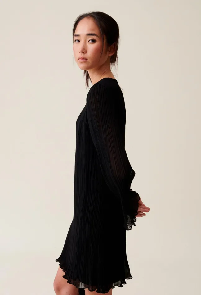Claudie Pierlot Pleated Short Dress Long Sleeves Black Women Dresses