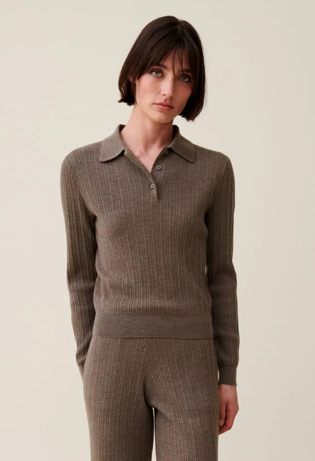 Claudie Pierlot Ribbed Polo Sweater Taupe Women Knitwear And Cardigans