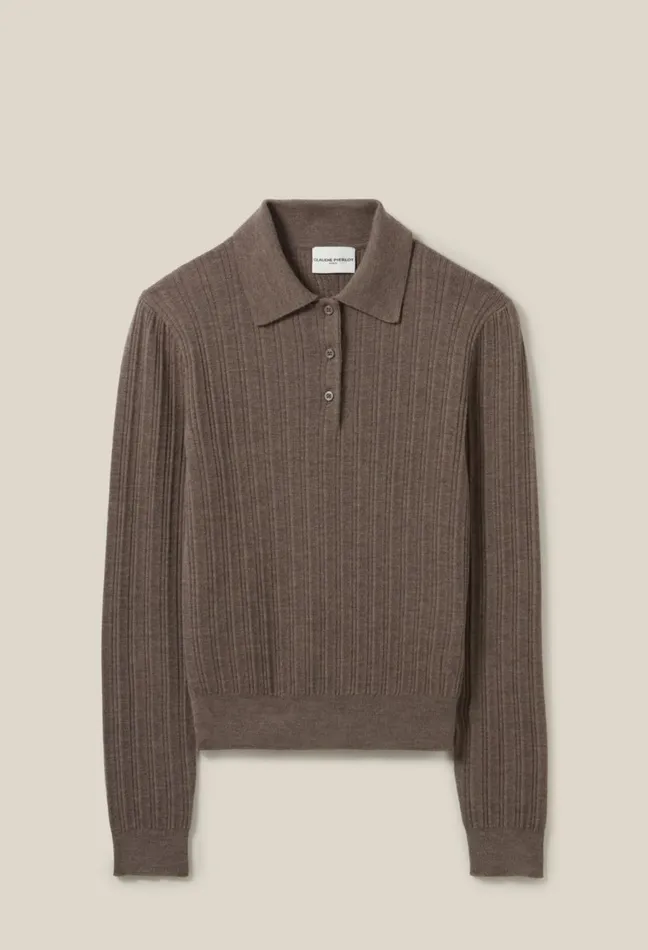 Claudie Pierlot Ribbed Polo Sweater Taupe Women Knitwear And Cardigans