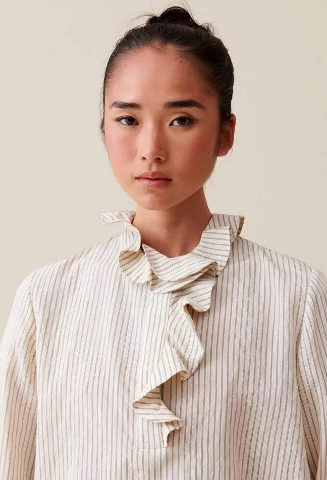 Claudie Pierlot Ruffled Striped Blouse Beige Women Tops And Shirts