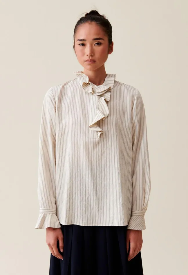 Claudie Pierlot Ruffled Striped Blouse Beige Women Tops And Shirts Claudie Pierlot Ruffled Striped Blouse Beige Women Tops And Shirts