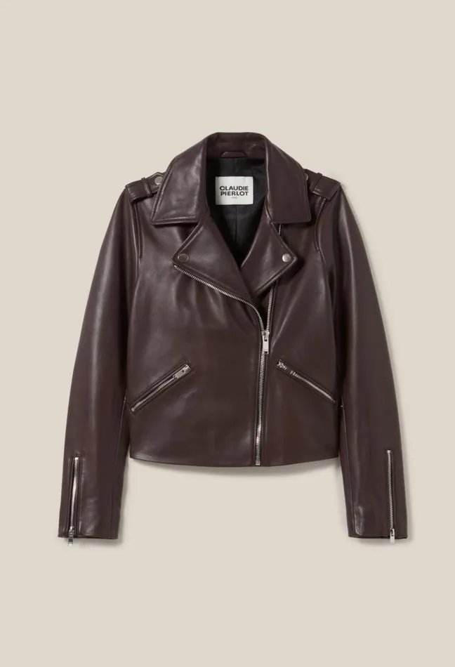 Claudie Pierlot Smooth Leather Jacket Chocolate Women Jackets Claudie Pierlot Smooth Leather Jacket Chocolate Women Jackets