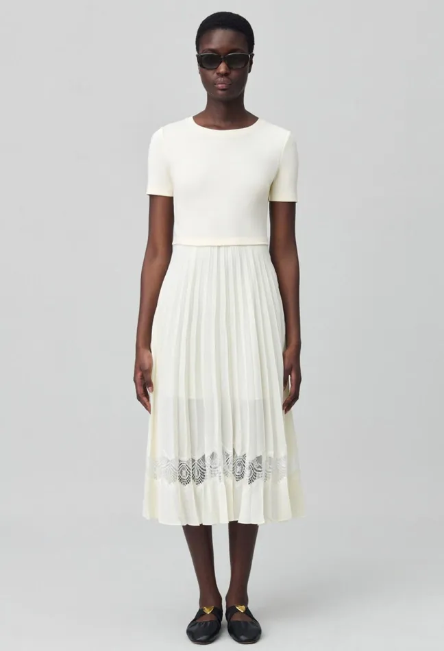 Claudie Pierlot Twist Ivory BiMaterial Midi Dress Women Dresses Claudie Pierlot Twist Ivory BiMaterial Midi Dress Women Dresses