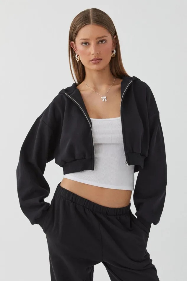 Clothing Supr Hoodies and Trackies Jolie Cropped Zip Through Hoodie Black
