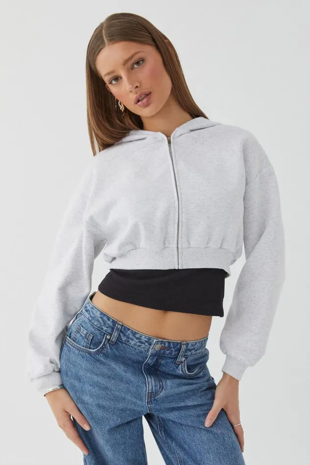 Clothing Supr Hoodies and Trackies Jolie Cropped Zip Through Hoodie Light Grey Marle