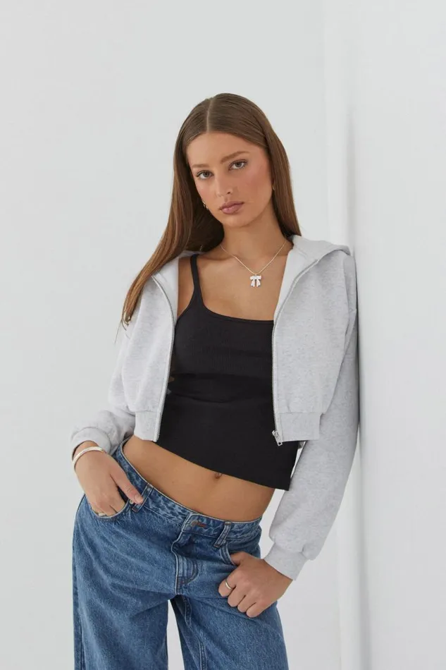 Clothing Supr Hoodies and Trackies Jolie Cropped Zip Through Hoodie Light Grey Marle