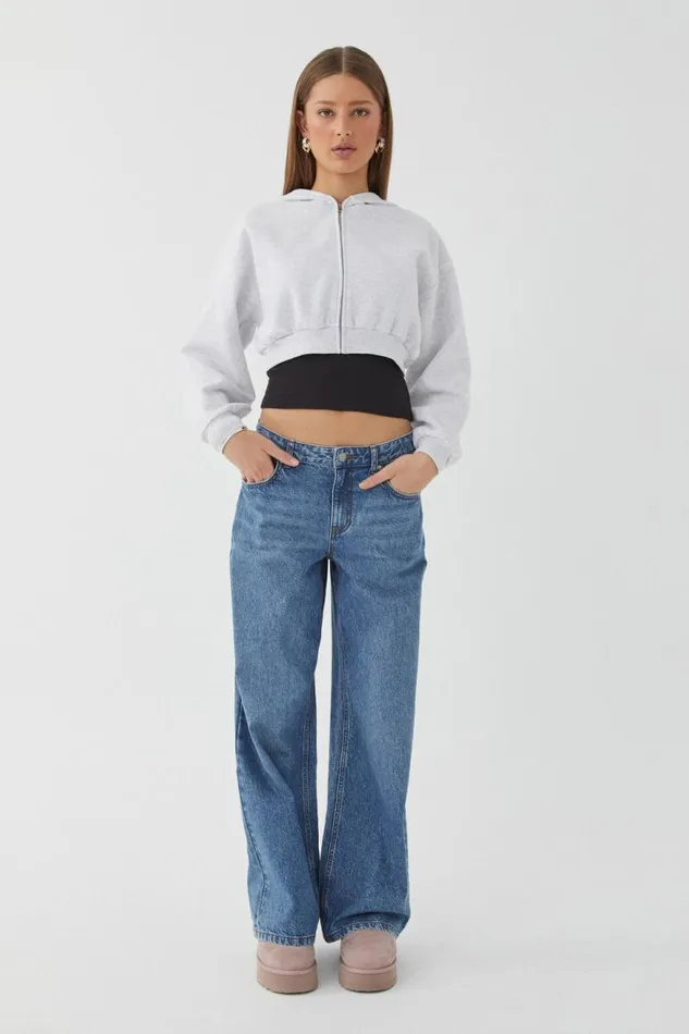 Clothing Supr Hoodies and Trackies Jolie Cropped Zip Through Hoodie Light Grey Marle