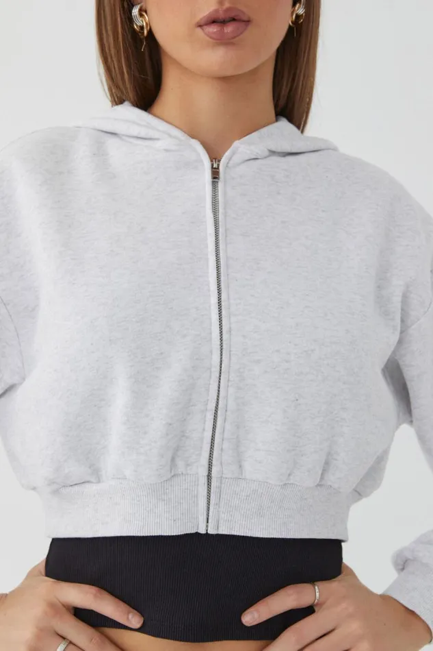 Clothing Supr Hoodies and Trackies Jolie Cropped Zip Through Hoodie Light Grey Marle