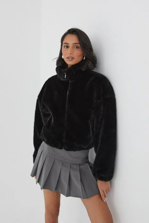 Clothing Supr Jackets and Puffers Brooke Cropped Faux Fur Jacket Black