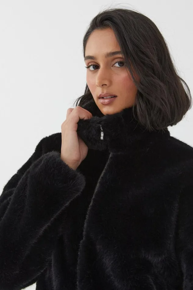 Clothing Supr Jackets and Puffers Brooke Cropped Faux Fur Jacket Black