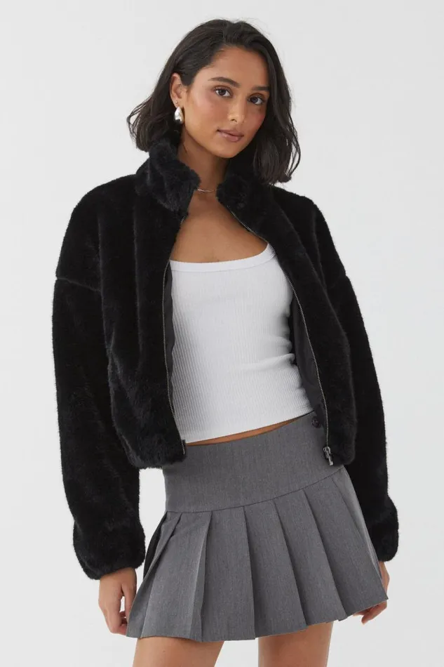 Clothing Supr Jackets and Puffers Brooke Cropped Faux Fur Jacket Black