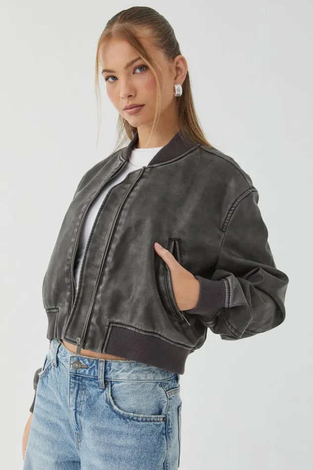 Clothing Supr Jackets and Puffers Faux Leather Rib Collar Bomber Jacket Black Distressed