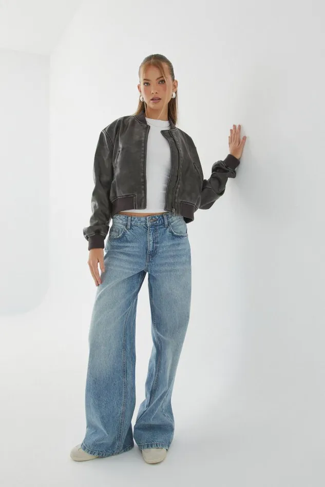 Clothing Supr Jackets and Puffers Faux Leather Rib Collar Bomber Jacket Black Distressed