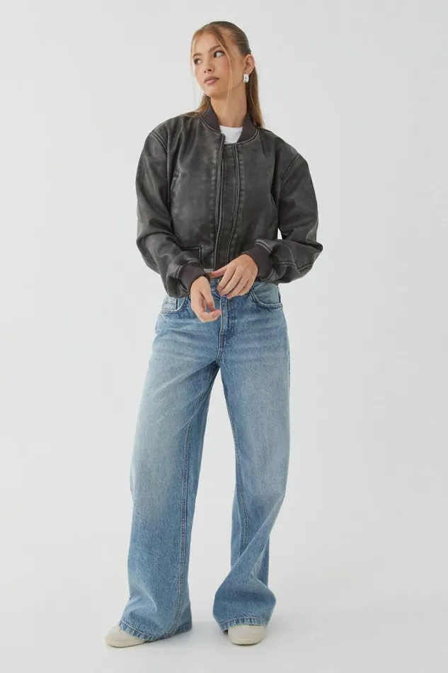 Clothing Supr Jackets and Puffers Faux Leather Rib Collar Bomber Jacket Black Distressed