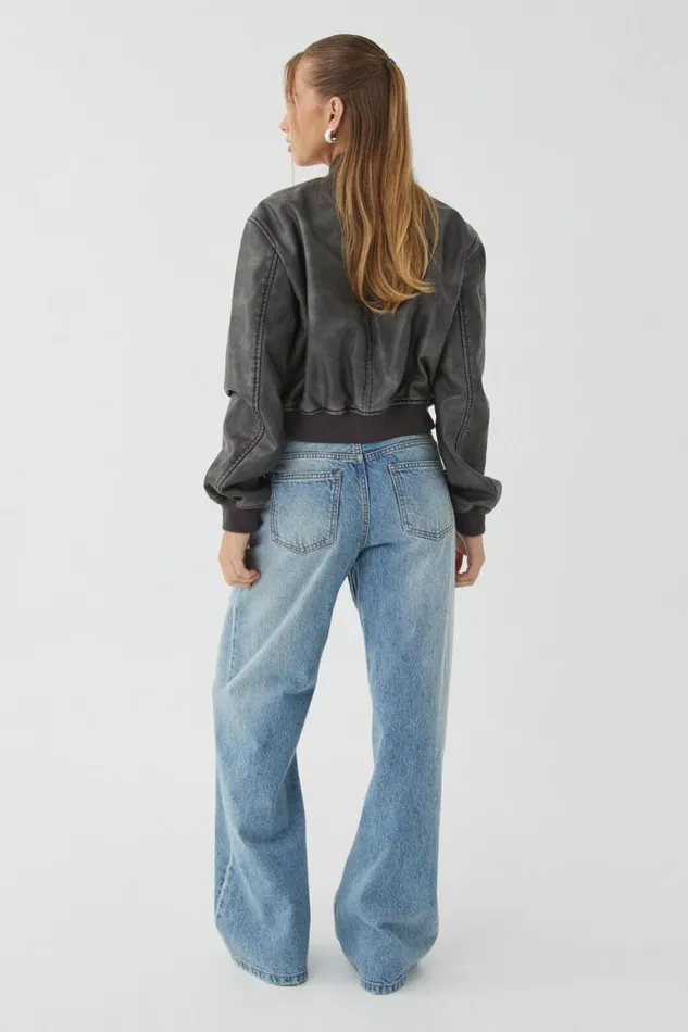 Clothing Supr Jackets and Puffers Faux Leather Rib Collar Bomber Jacket Black Distressed