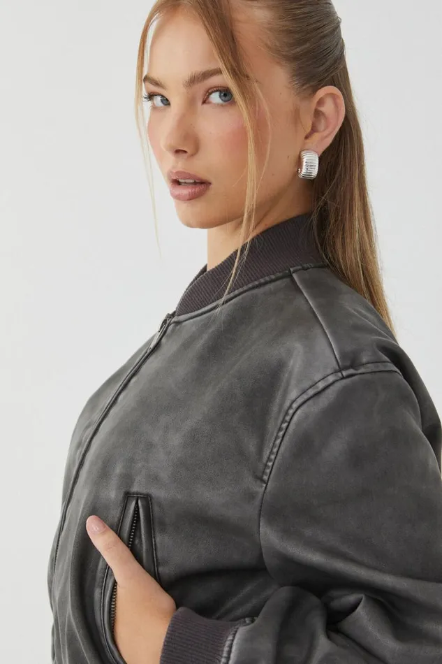 Clothing Supr Jackets and Puffers Faux Leather Rib Collar Bomber Jacket Black Distressed