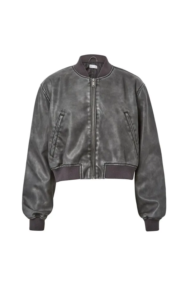 Clothing Supr Jackets and Puffers Faux Leather Rib Collar Bomber Jacket Black Distressed