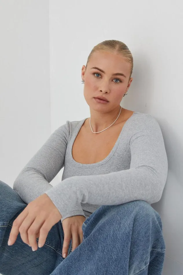 Clothing Supr Long Sleeve Tops Riri Scoop Neck Long Sleeve Top Grey Marle