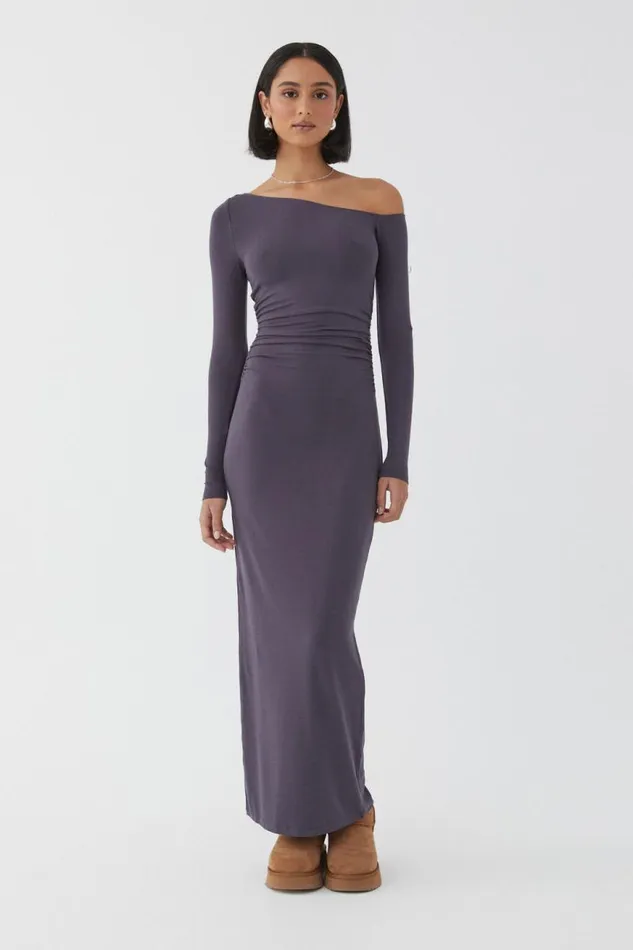 Clothing Supr Maxi Dresses Soft Ruched Long Sleeve Maxi Dress Gun Metal
