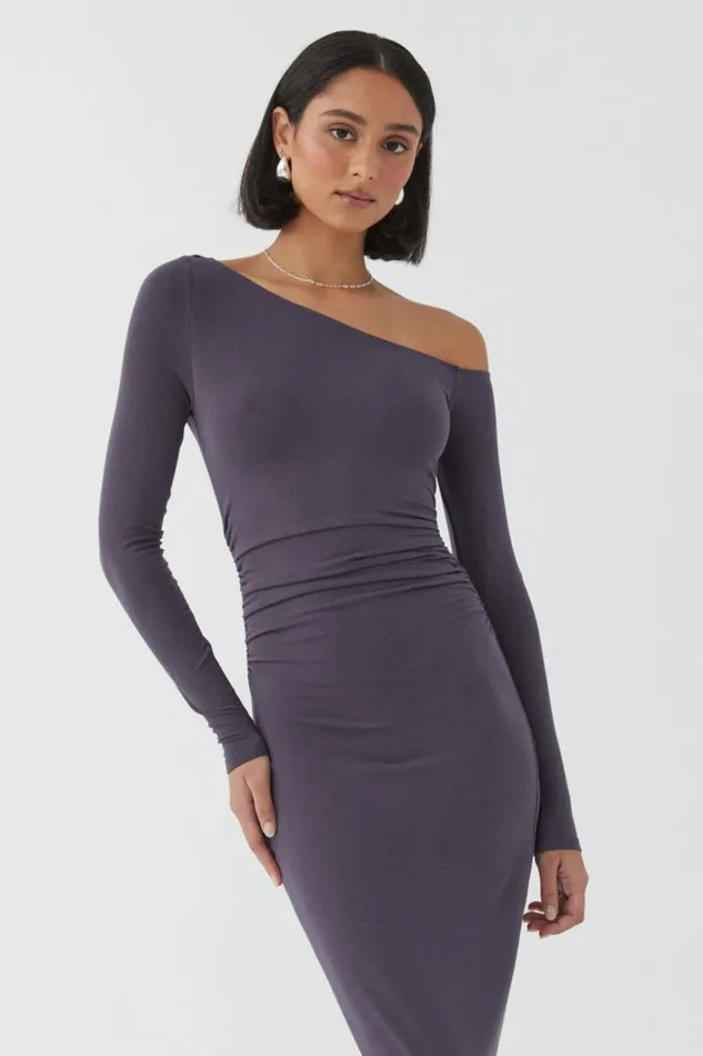 Clothing Supr Maxi Dresses Soft Ruched Long Sleeve Maxi Dress Gun Metal