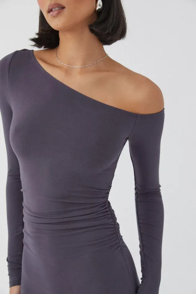 Clothing Supr Maxi Dresses Soft Ruched Long Sleeve Maxi Dress Gun Metal